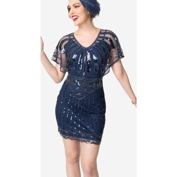 Unique Vintage 1920’s Navy Beaded Mini Flapper Dress XL 14 NWT - Picture 1 of 3